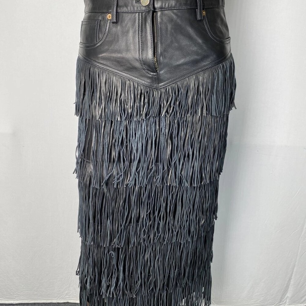 NEW ROBERTO CAVALLI Women’s Tiered Fringe Leather Midi Skirt